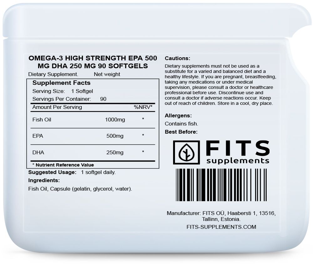 Omega-3 Hög Styrka EPA 500 mg DHA 250 mg 90 mjuka kapslar