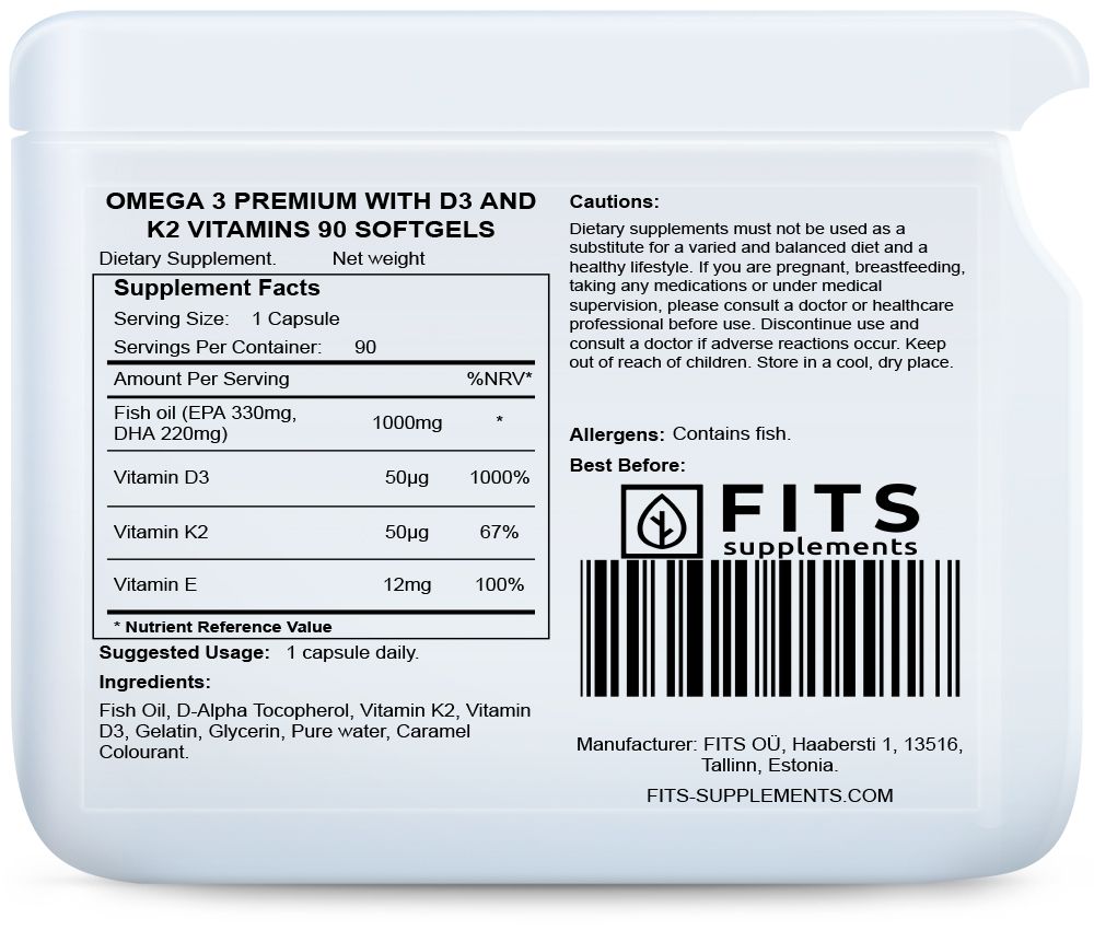Omega 3 Premium med D3- och K2-vitaminer 90 mjuka kapslar