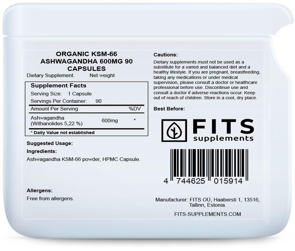 Organisk KSM-66 Ashwagandha 600mg 90 kapslar